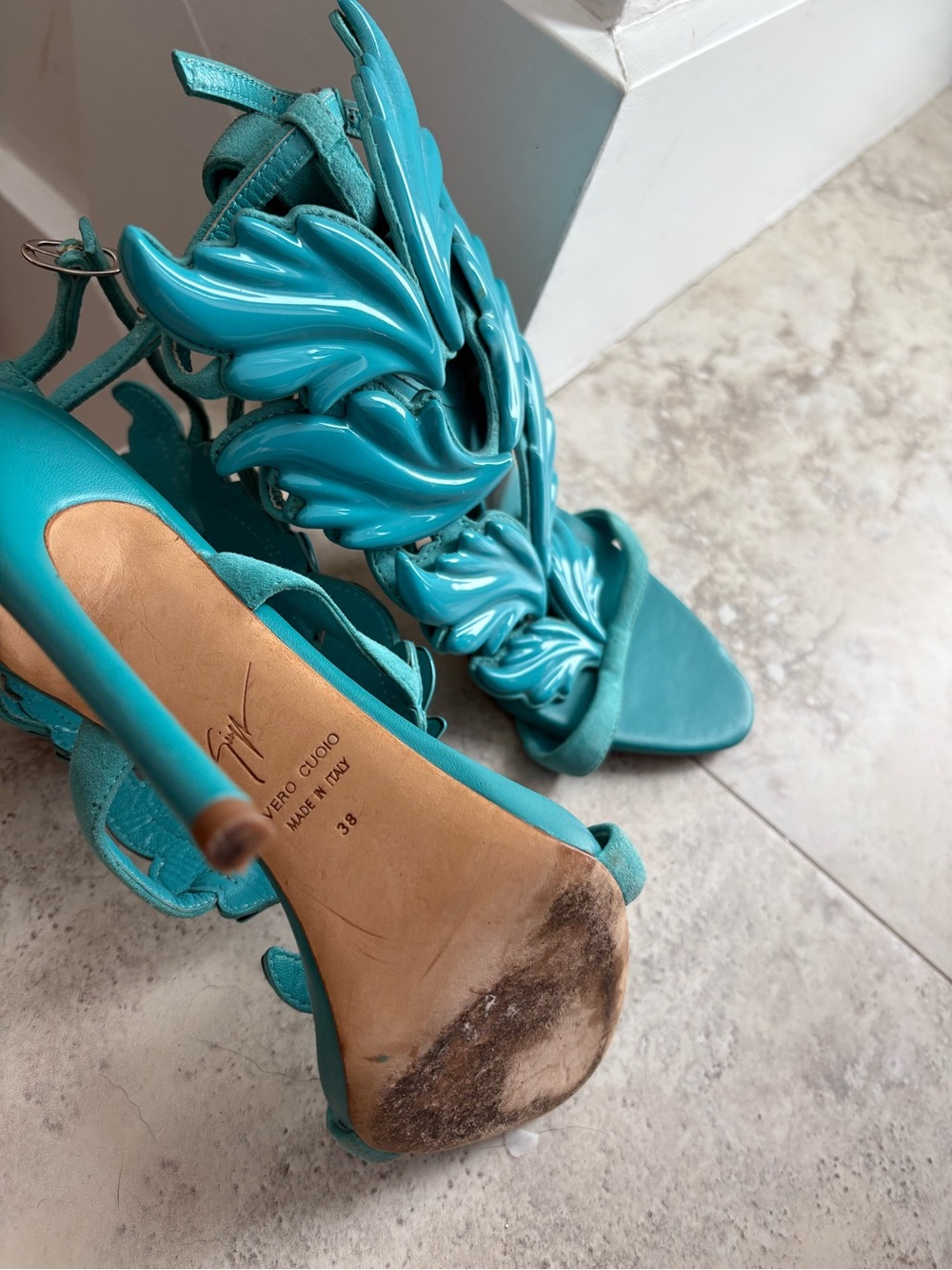 Giuseppe Zanotti Turquoise Leaf Appliqué High Heels - Picture 3 of 3